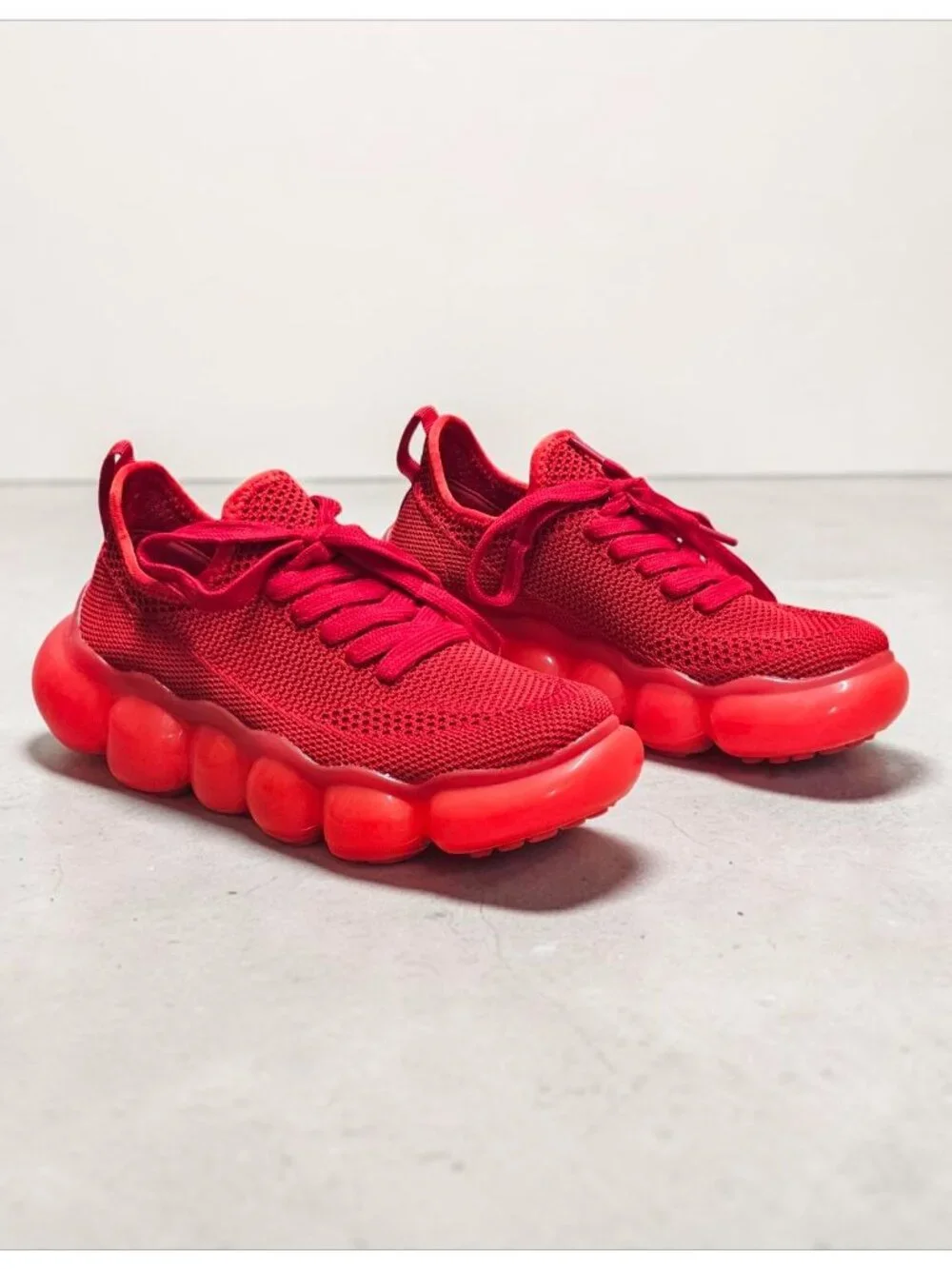 Red Mesh Athletic Sneakers With Bubble Sole - Breathable Lightweight Design For